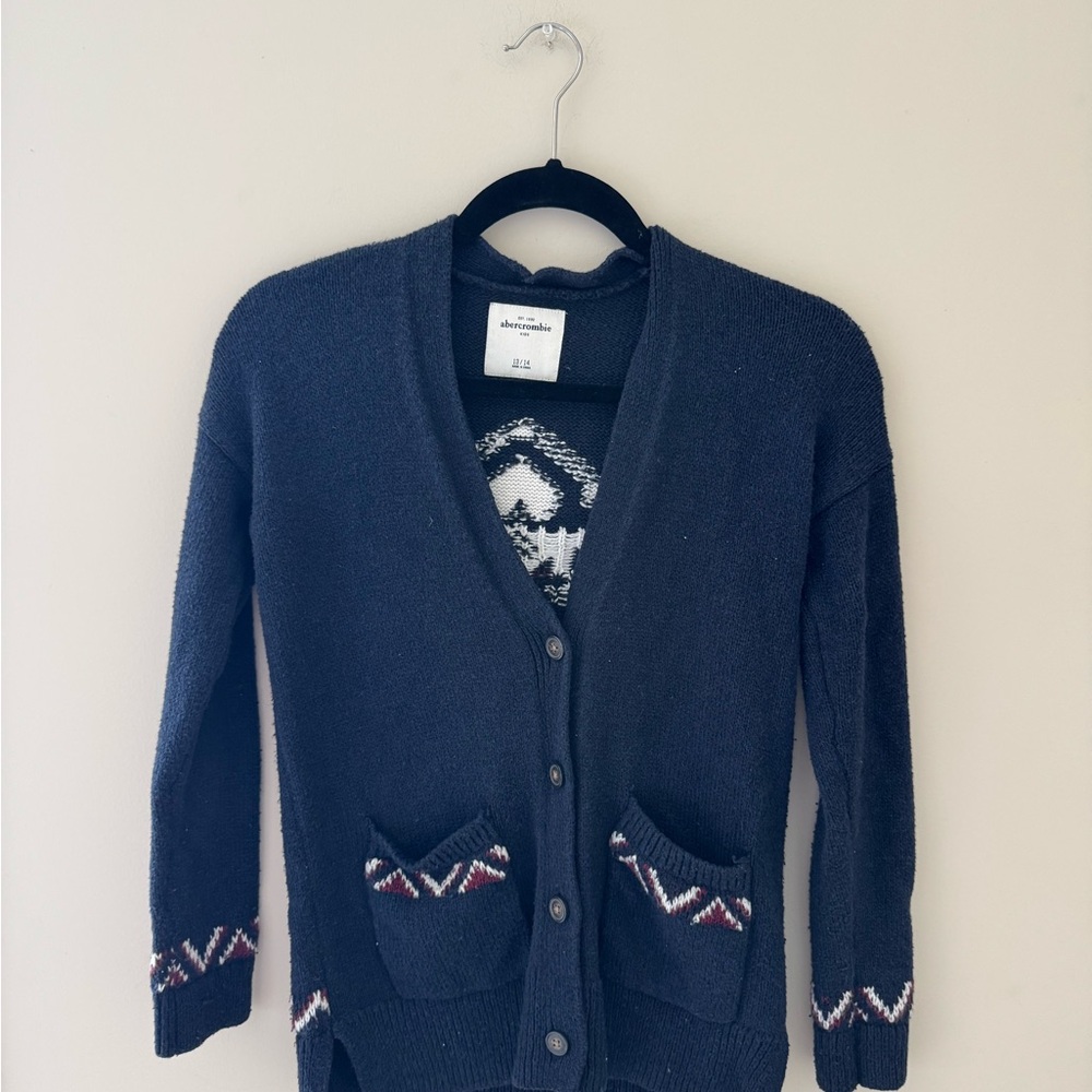 Abercrombie & Fitch Navy Knit Button-Front Cardigan with Patterned Trim
